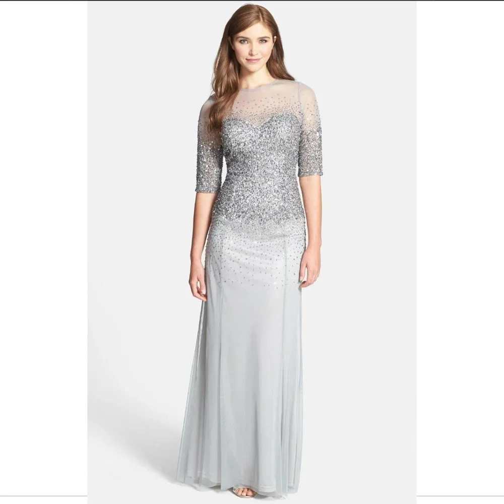 NEW Adrianna Papell Beaded Illusion Bodice Mesh Gown in Grey [Petite SZ 4P‎ ]